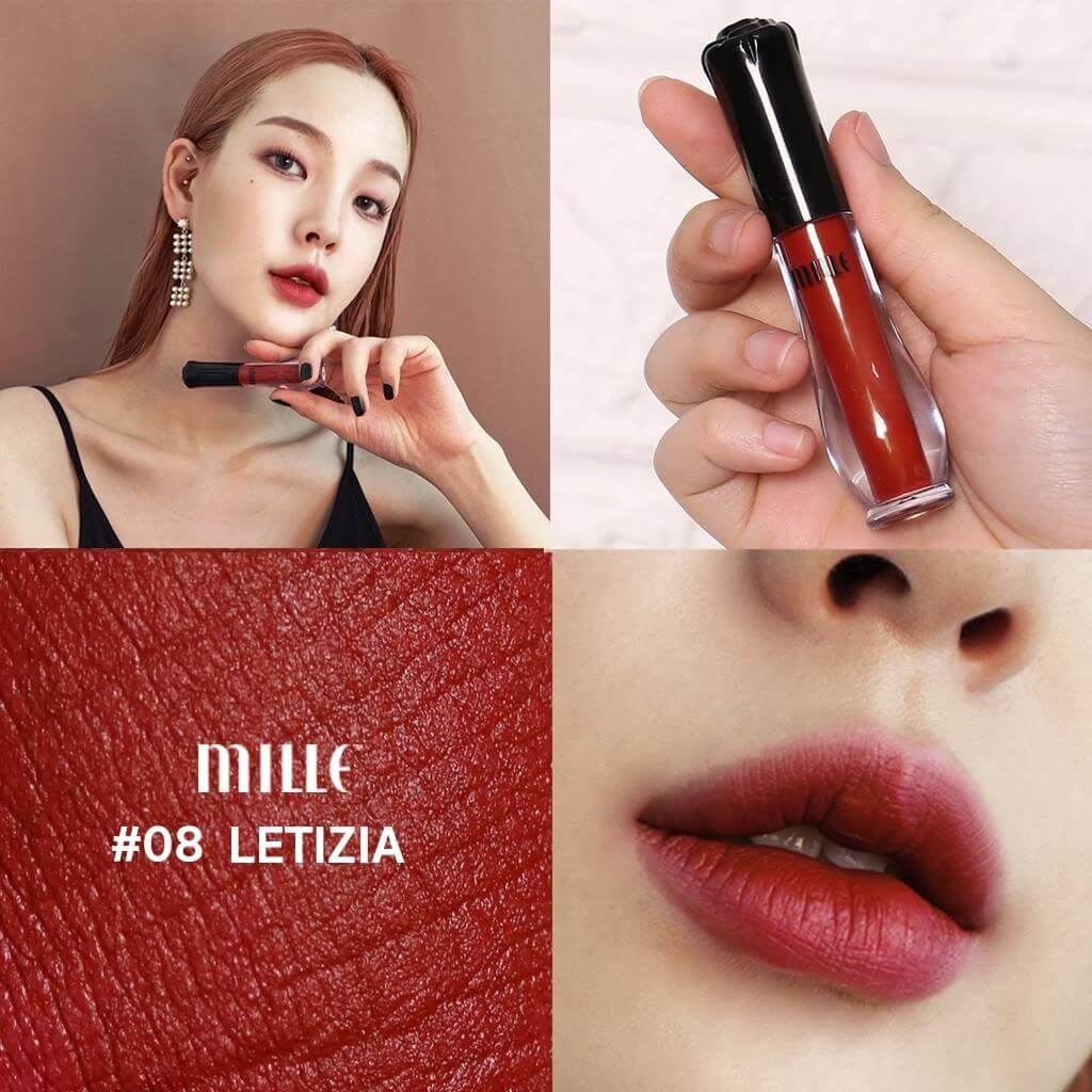 Mille Satin Matte Liquid Lip #08 Letizia 1.7 g ลิปสติกเนื้อแมตท์ ผิวสัมผัสเรียบเนียนดุจกำมะหยี่ นุ่มลื่นทาง่าย ให้สีสันสวยเจิดจรัสยาวนานตลอดวัน